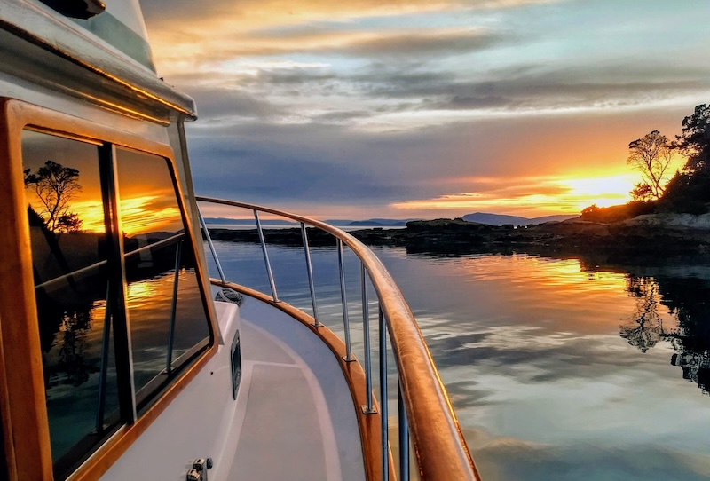 Monk 36 Limerick at anchor in the San Juan Islands at sunset